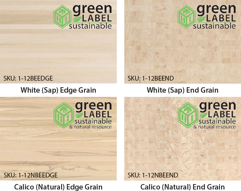 European Beech Butcher Block in white (sap) edge grain and end grain, and calico (natural) edge grain and end grain. Click here to download a high resolution PDF.