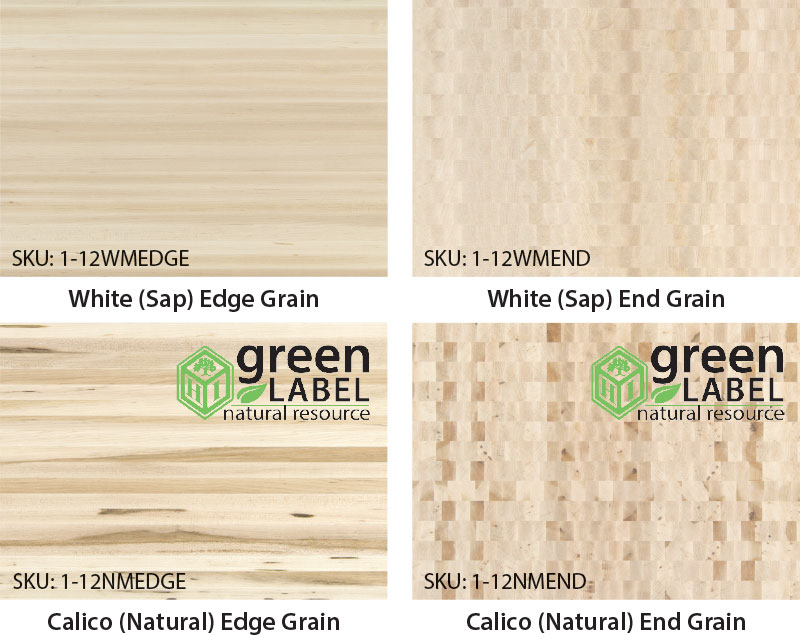 Hard Maple Butcher Block in white (sap) edge grain and end grain, and calico (natural) edge grain and end grain.  Click here to download a high resolution PDF.