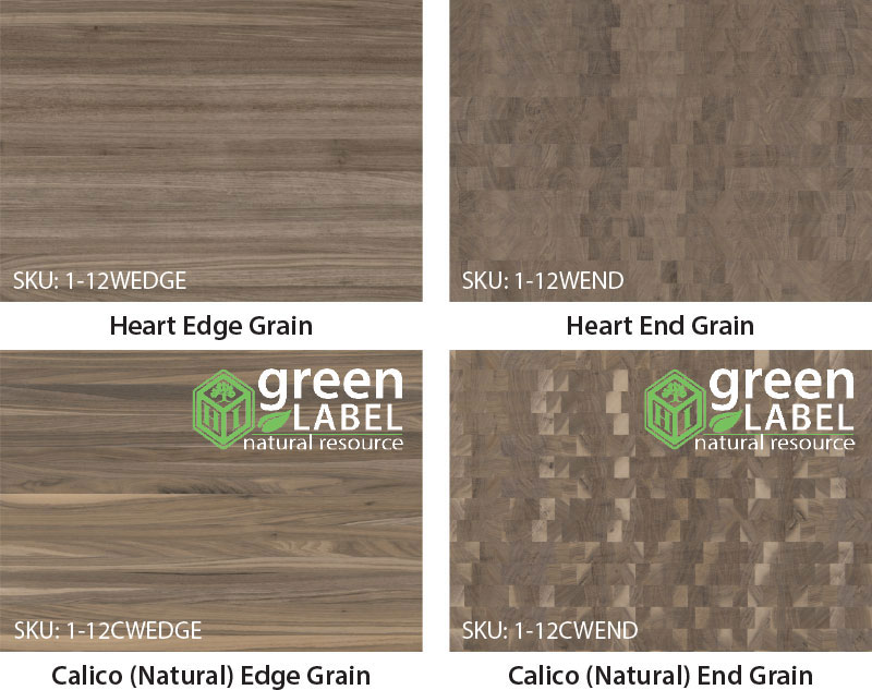 Walnut Butcher Block in heart edge grain and end grain, and calico (natural) edge grain and end grain. Click here to download a high resolution PDF.